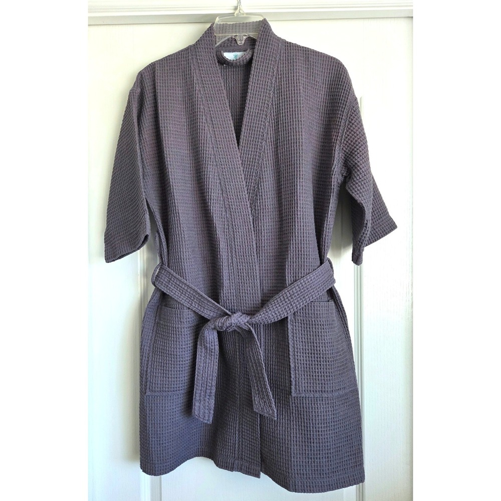 Turquaz Linen Waffle Knit Gray Short Robe Kimono Bathrobe Sz Small Medium S/M